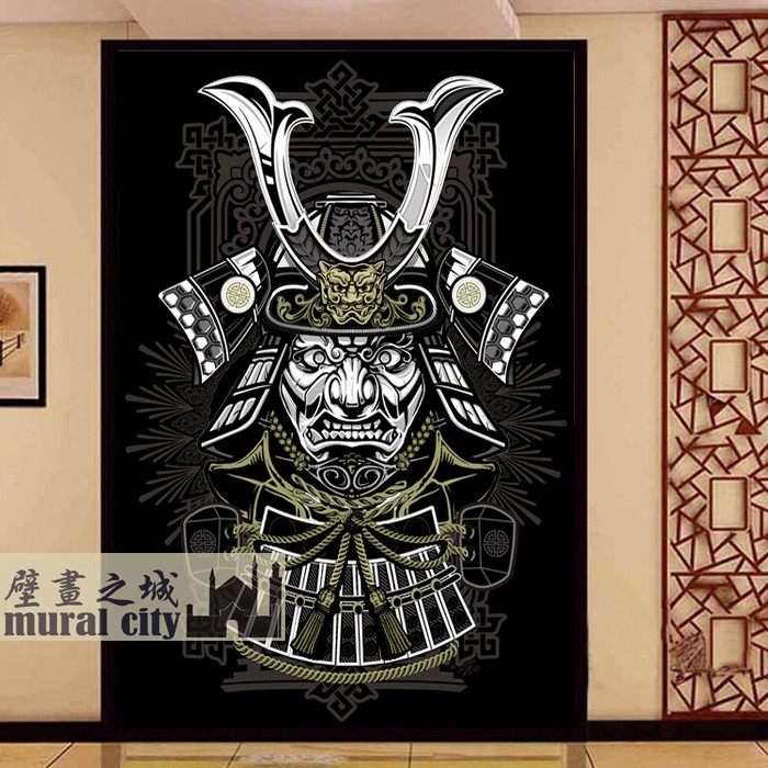 日本古代武士剑客墙纸日式将军铠甲勇士壁纸日系暗黑背景墙壁画