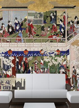 日本艺伎背景壁纸日式歌舞伎女人墙纸和服仕女日系江户宫乐图壁画