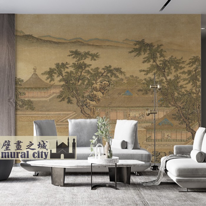 仇英复古风山水墙布亭台阁楼墙纸柳园山水图壁布明代中式背景画布