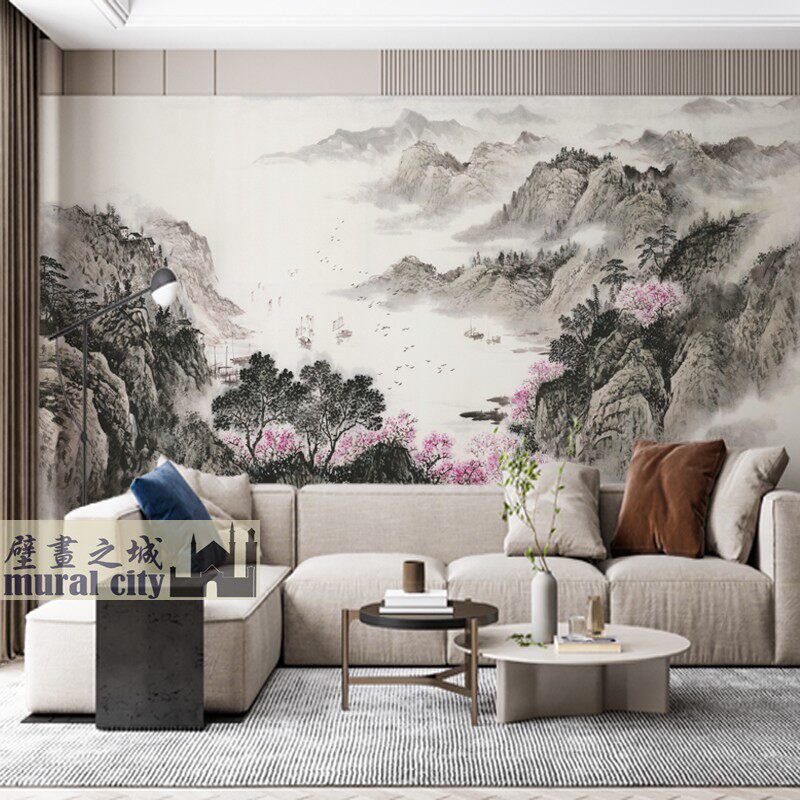 水墨山水古画壁纸中式黑白意境墙布松树红花古风墙纸国风壁画背景