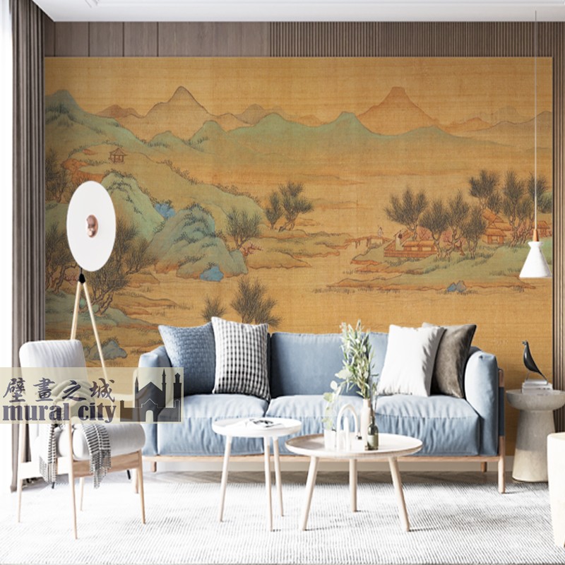 古风青绿古画墙布 中式复古山水国画壁纸 古代田园意境壁纸背景画