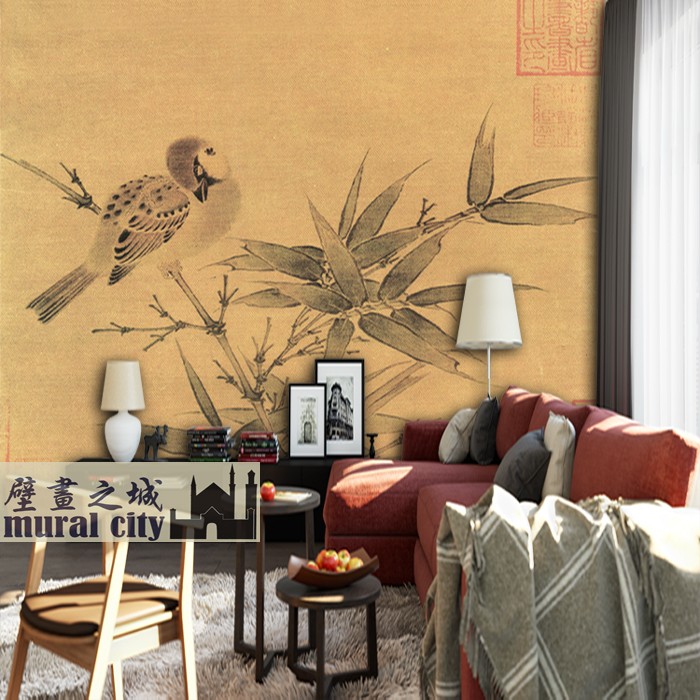 宋画竹雀图壁纸复古国画竹子麻雀墙纸布古风画书房酒店餐厅背景画