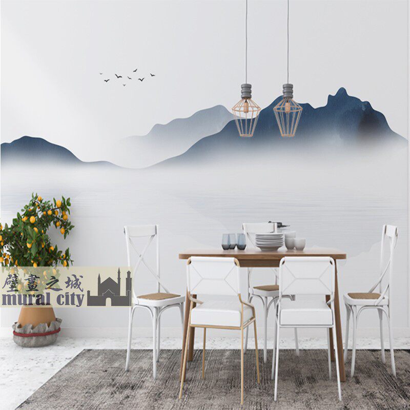 新中式水墨山水墙纸国风意境云海山峰壁纸国画小船孤舟墙布背景画