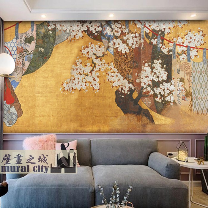 中古和风樱花壁纸日系屏风画墙布复古风墙纸居酒屋日料背景墙布