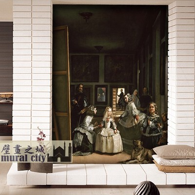 西班牙油画墙纸委拉斯开兹宫娥壁纸欧式宫廷油画名画壁画壁布背景