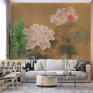 复古风花鸟画红芙蓉花壁纸中式牡丹拍照墙布摄影国风汉服背景壁画