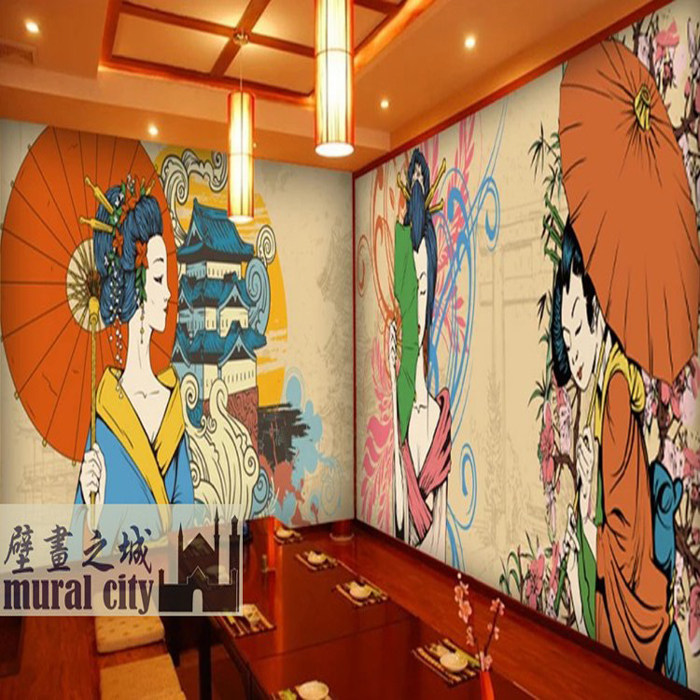 日式女人女子艺伎壁纸 日本和风和服仕女墙纸手绘日系风格壁画