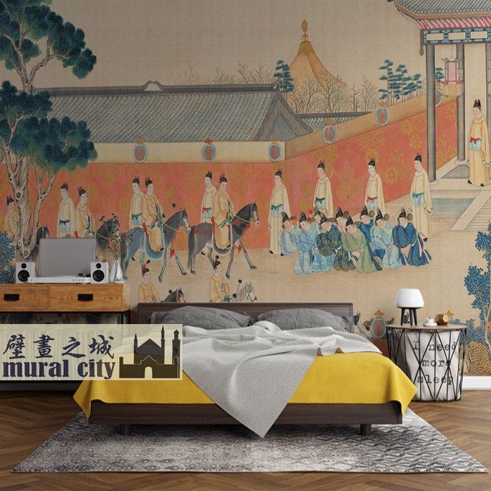 古风复古红楼梦壁纸新中式古画墙纸仕女图墙布元妃省亲壁画背景墙