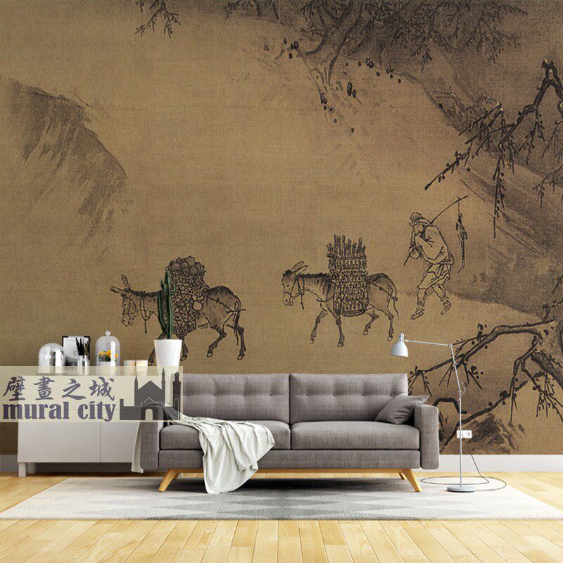 宋画人物行旅图墙布复古风山行图壁纸宋式壁布古画雪景背景壁画布