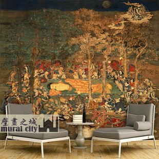 释迦摩尼涅槃圆寂壁纸复古国画墙纸佛龛福堂古画壁画背景墙布