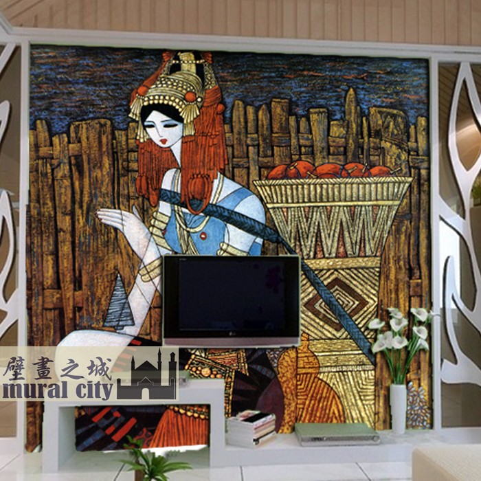传统民族版画壁纸 现代油画民族PVC墙纸