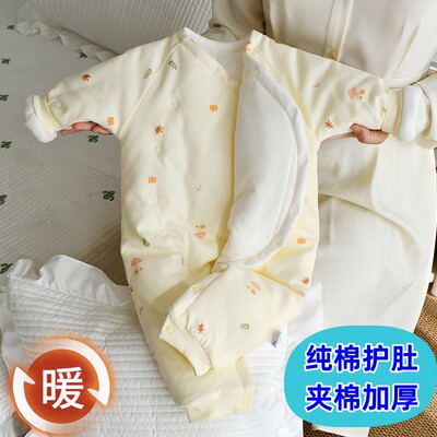 纯棉夹棉保暖连体衣加厚偏襟护肚