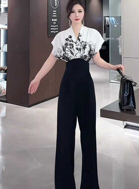 别致高级感拼接阔腿连体裤套装女夏2025新款时尚气质新中式连衣裤