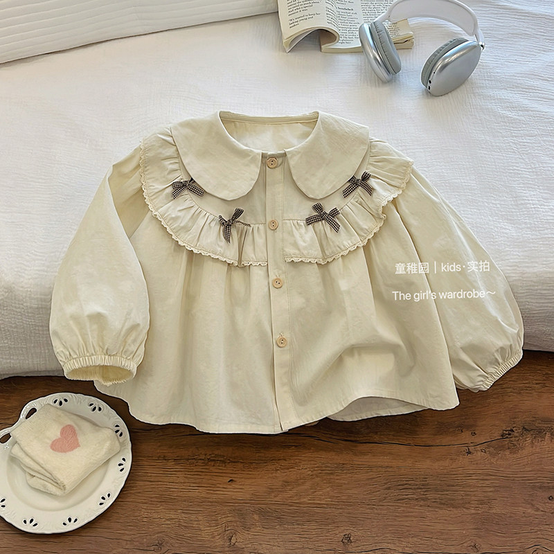 2025新年新春款女童衬衫蝴蝶结花边衬衫女宝宝新潮洋气百搭外套