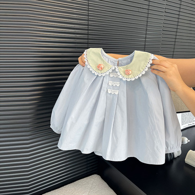 女童春秋季新款衬衣清新花朵翻领宝宝衬衫女孩洋气百搭长袖上衣潮