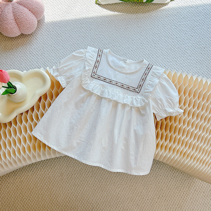 女童纯棉短袖衬衫2024夏季新款洋气小女孩娃娃衫薄款儿童甜美衬衣