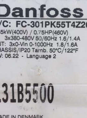 Danfoss丹佛斯变频器FC-301PK55T4Z20H3T 131B5500 0.55KW 400V议