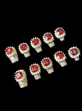 【134】爆闪太阳花锆石红色爆闪满钻纯手工穿戴甲奢华显白重工