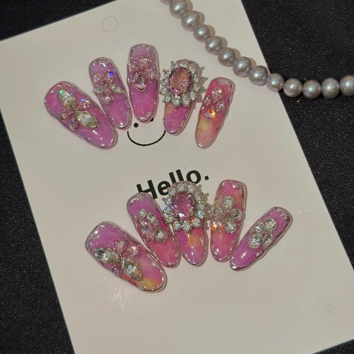 【桃花底】桃粉锆石纯手工穿戴甲满钻长椭圆小众出片小花碎钻