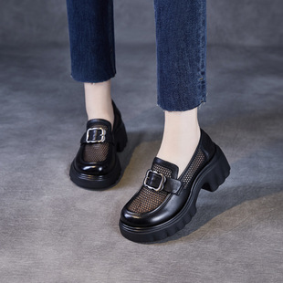 头层牛皮~网面厚底乐福鞋女春夏真皮透气网纱小皮鞋一脚蹬单鞋子