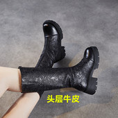 头层牛皮 高端女鞋 压花厚底粗跟高筒骑士靴冬前拉链马丁靴长筒靴