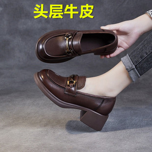 头层牛皮~高端女鞋~粗跟单鞋春秋真皮中跟一脚蹬小皮鞋厚底乐福鞋