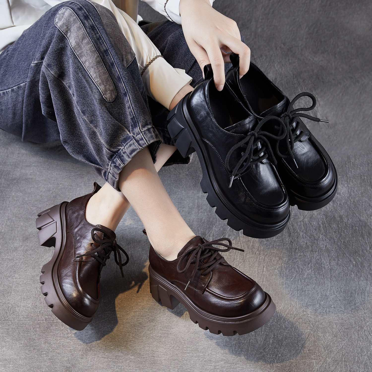 头层牛皮~高端女鞋~真皮复古小皮鞋春秋粗跟厚底增高英伦轻奢单鞋,女鞋,时尚休闲鞋,淘宝优惠券,粉丝福利购,淘宝优惠卷