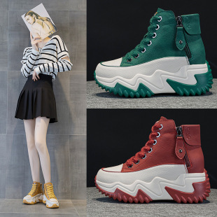 真皮高帮老爹鞋女2026新款秋冬加绒百搭小白鞋内增高英伦马丁靴