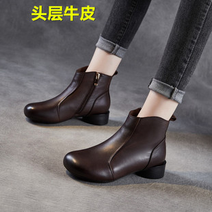 单靴真皮百搭时装 粗跟复古短靴秋冬妈妈鞋 靴子 高端女鞋 头层牛皮