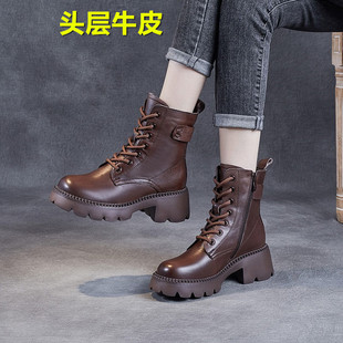 头层牛皮~高端女鞋~冬季真皮短靴马丁靴高跟厚底英伦风2026新款