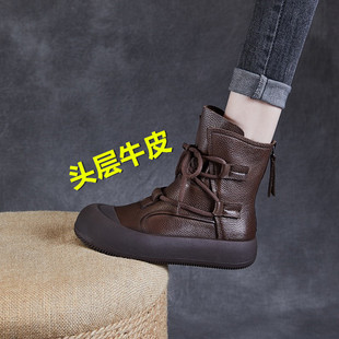 真皮手工复古罗马靴女2025秋季新款厚底中筒休闲马丁靴牛皮短靴