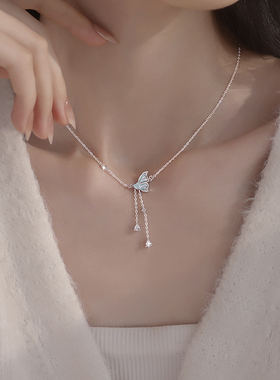 999银半翼蝴蝶流苏项链女