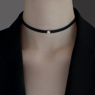 S925纯银八芒星项圈项链女2025新款 chocker黑色皮绳锁骨颈链 爆款