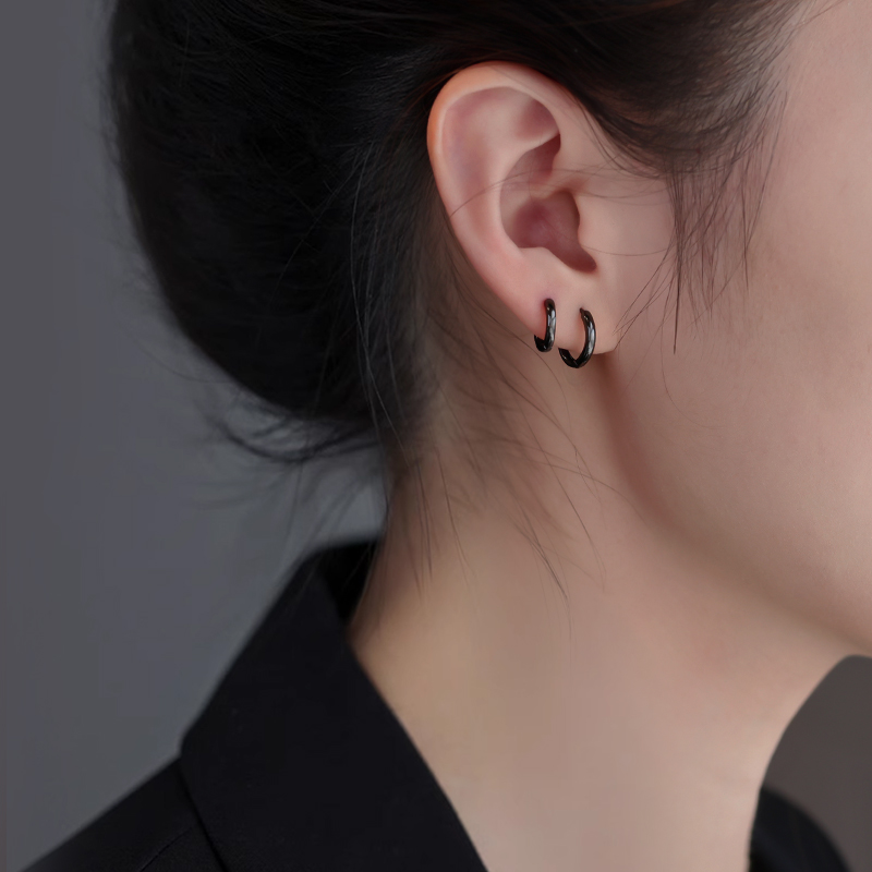 银奥女999纯银黑色圈圈耳环