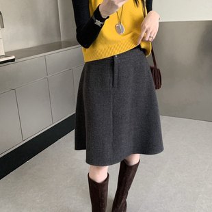 羊毛呢高质感超A半身裙女大码 秋冬灰色梨形身材遮胯高腰a字中裙子