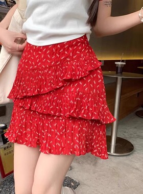 大码韩版复古红色碎花半身裙女夏季新款不规则蛋糕裙高腰A字短裙