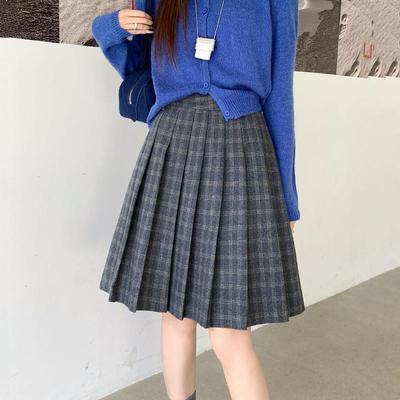 设计感格纹A字百褶裙复古