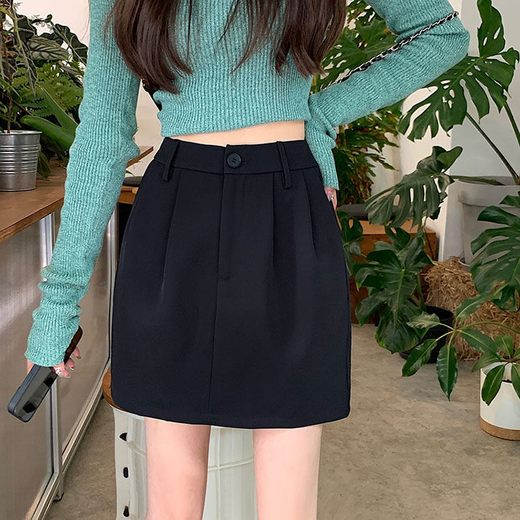 花苞半身裙女2025秋季大码黑色裙子西装裙遮肚显瘦口袋裙a型短裙