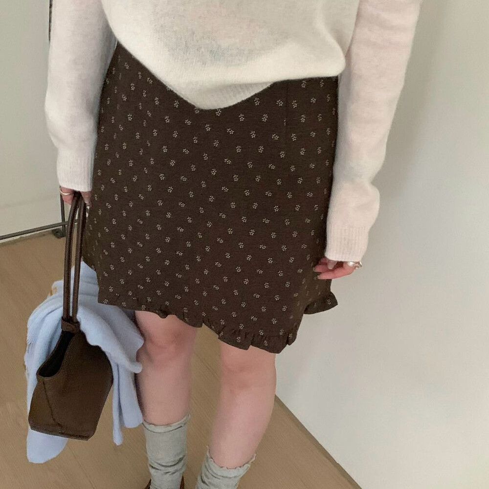 咖色碎花毛呢半身裙女