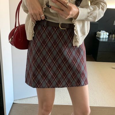 复古格纹毛呢半身裙女秋冬