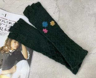 出口日本商场秋冬女士时尚 气质可爱花朵保暖羊毛混纺半指手套