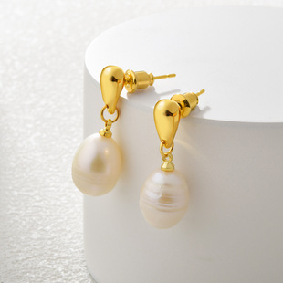 新品银针法式巴洛克不规则天然淡水珍珠耳钉轻奢气质级感耳饰耳环