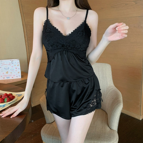 带胸垫性感冰丝睡衣女家居服套装