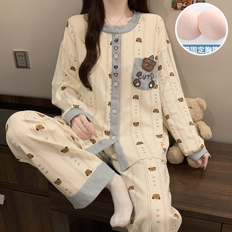 长袖开衫圆领甜美带胸垫两件套女