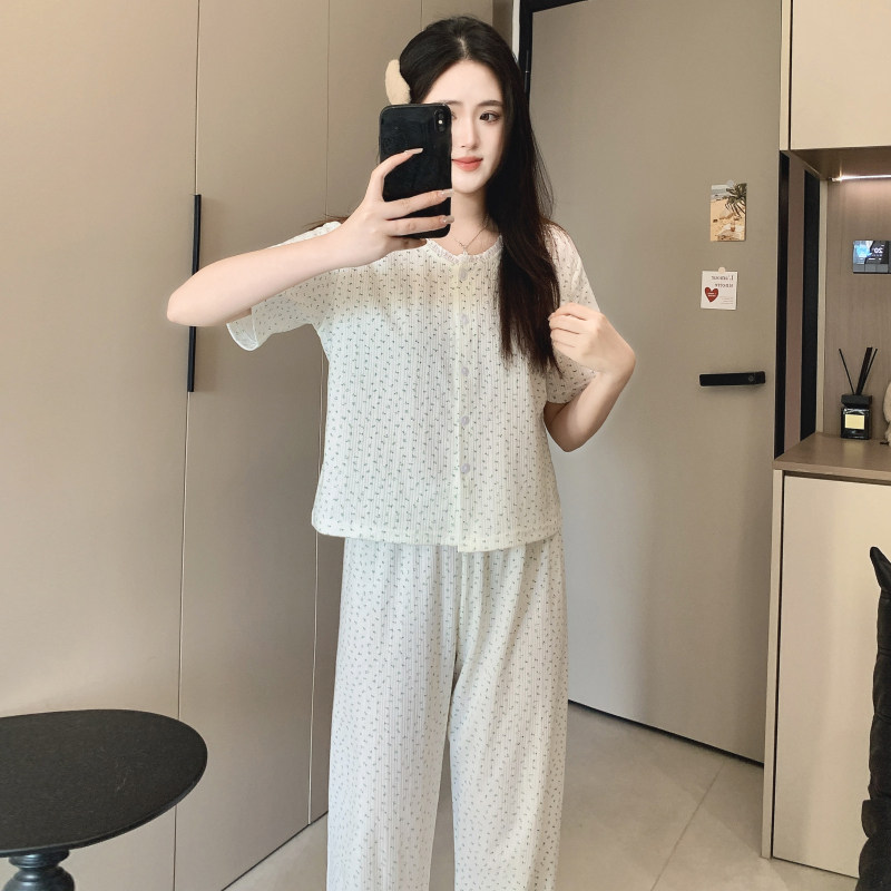 2026夏季新款纯棉开衫印花短袖长裤韩版甜美可爱居家服两件套装女,女装/女士精品,大码套装,淘宝优惠券,粉丝福利购,淘宝优惠卷