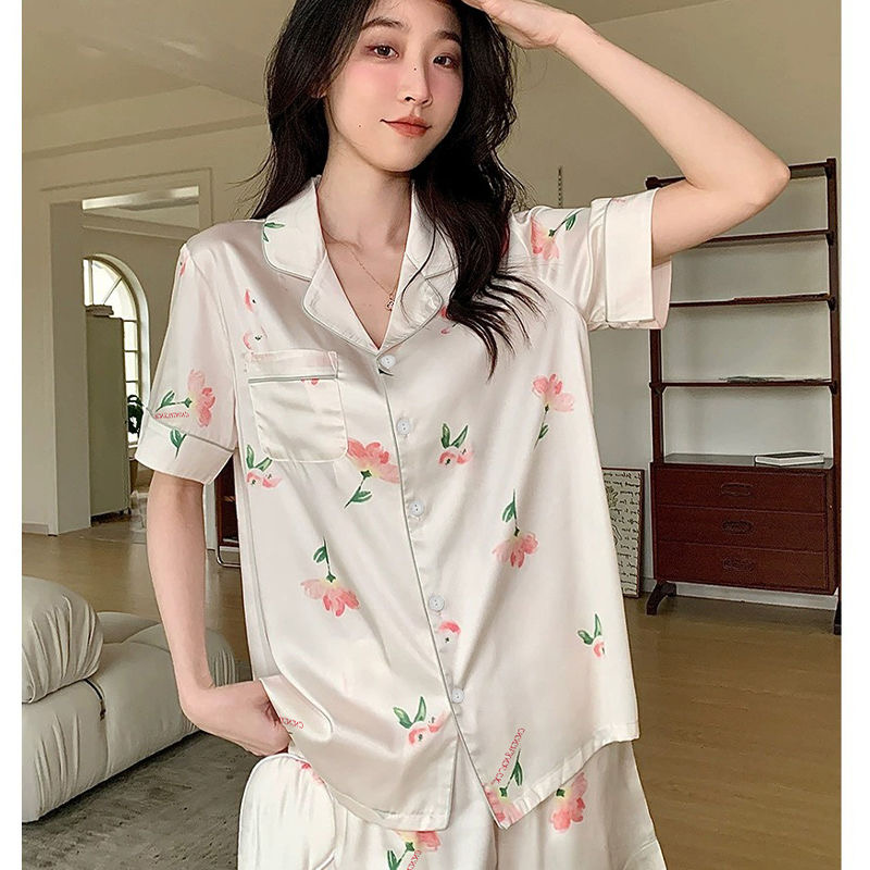 夏季新款冰丝薄款性感短袖短裤居家休闲高级感仿真丝绸两件套装女