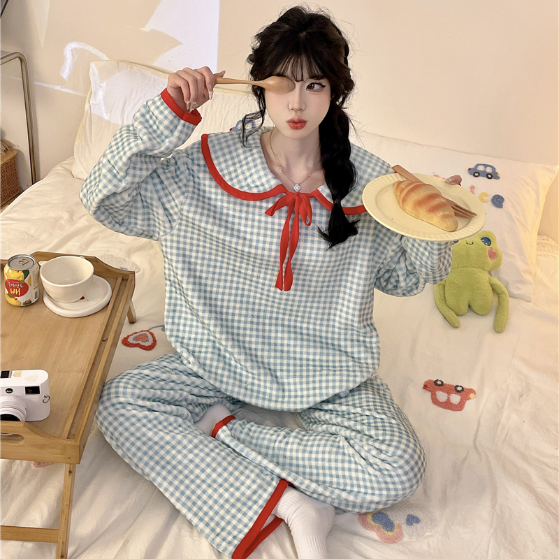 法兰绒冬季新款绿色格子套装女可爱少女甜美套头娃娃领居家两件套