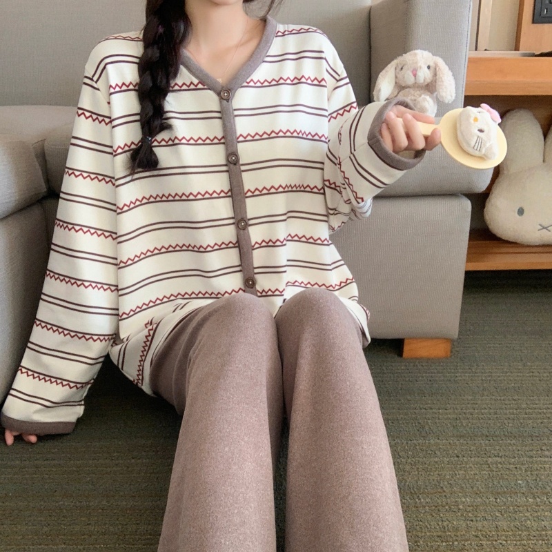 韩系长袖德绒羊绒睡衣女两件套装