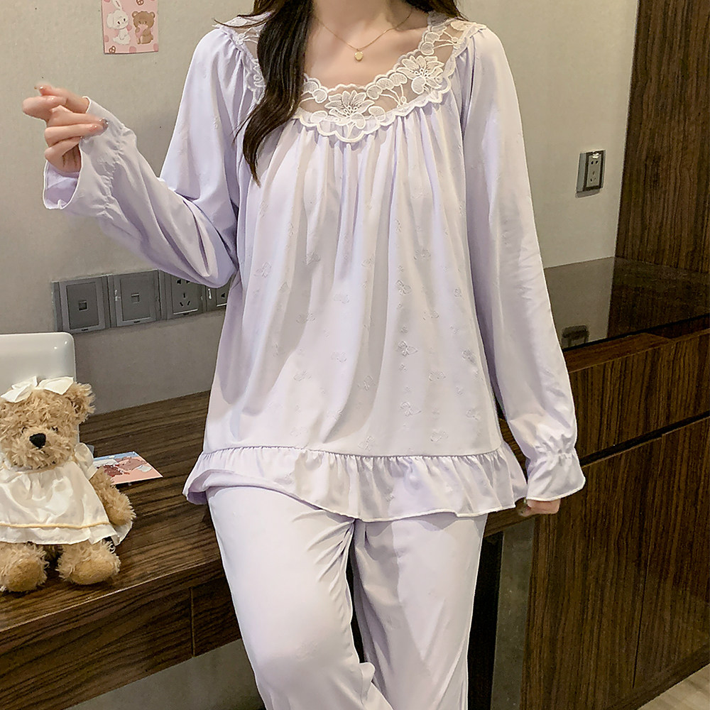 2026春秋新款长袖酷斯棉韩版时尚宽松休闲套头带胸垫居家服套装女 - 实物图
