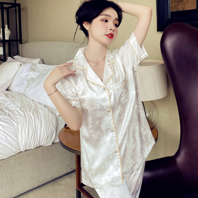 胖mm短袖睡衣女夏季新款仿真丝绸居家服休闲大码女装冰丝两件套装